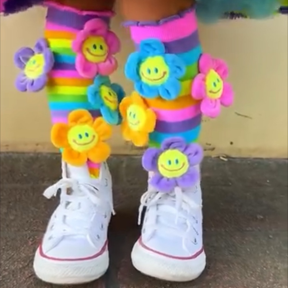 Colorful Striped Kids Socks with Flower Accents FUN SOCKS